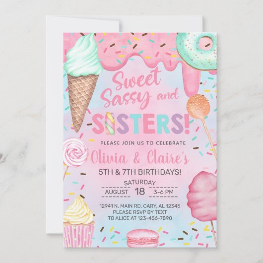 Sweet, Sassy and Sisters ガールズの誕生日招待状 招待状 (正面)