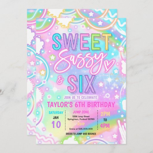 Sweet Sassy And Six Neon Rainbow 6th Birthday 招待状 (正面/裏面)