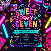Sweet, Sassy & Seven: ネオンの輝き 7歳の誕生日 招待状