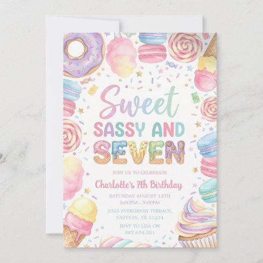 Sweet Sassy Seven 7歳の誕生日 招待状 (正面)