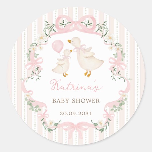 Sweet Silly Goose Pink Bow Floral Baby Shower ラウンドシール (正面)