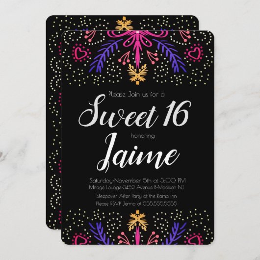 Sweet sixteenおもしろい点々のあるフローラシック 招待状 (正面/裏面)