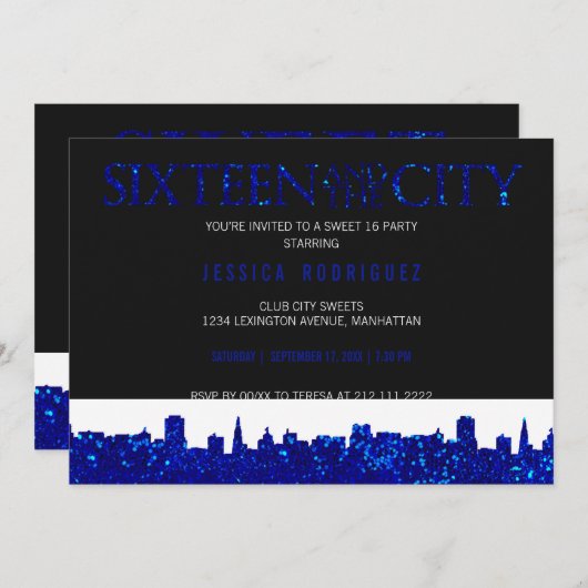 Sweet sixteenおよび都市菓子16の誕生日の青 招待状 (正面/裏面)