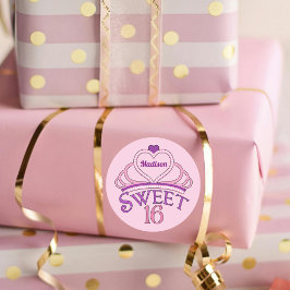 Sweet sixteenかわいいティアラピンク誕生日パーティー ラウンドシール