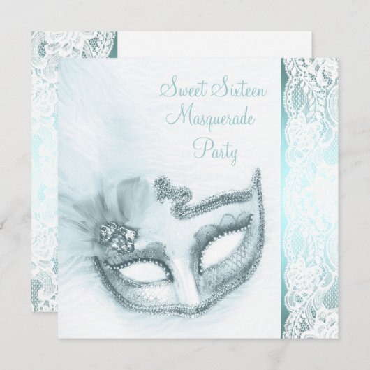 sweet sixteenかわいらしティール(緑がかった色)ブルーマスカレードパーティー 招待状 (正面/裏面)