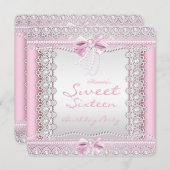 Sweet sixteenかわいらしピンクホワイトパールレースボウ 招待状 (正面/裏面)