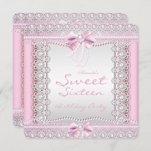 Sweet sixteenかわいらしピンクホワイトパールレースボウ 招待状 (正面/裏面)