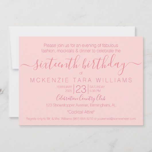 Sweet sixteenかわいらし赤面ピンクインスタグラム写真 招待状 (裏面)