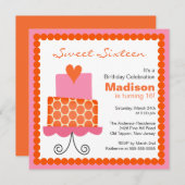 Sweet sixteenのオレンジ及びピンクのケーキの誕生日の招待 招待状 (正面/裏面)