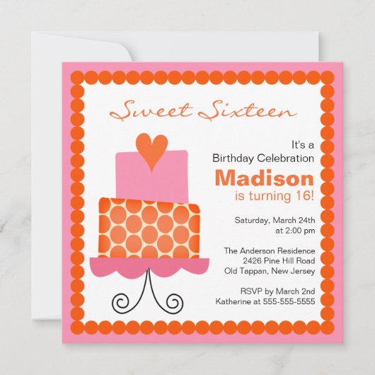 Sweet sixteenのオレンジ及びピンクのケーキの誕生日の招待 招待状 (正面)