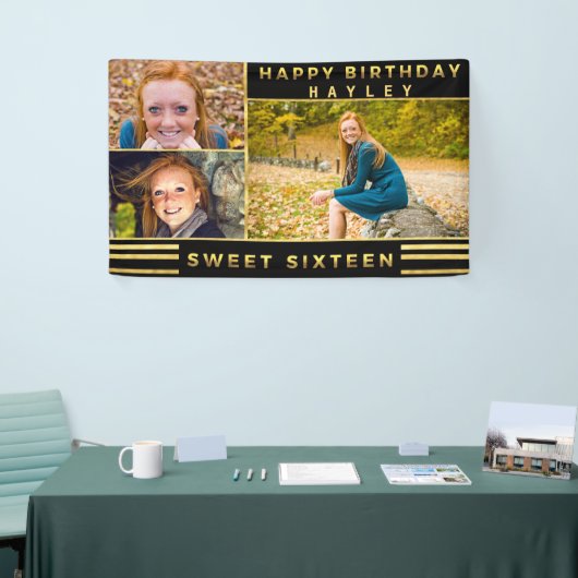 Sweet sixteenのシックな金ゴールドの黒のストライプの写真 横断幕 (トレードショー)