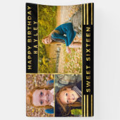 Sweet sixteenのシックな金ゴールドの黒のストライプの写真 横断幕 (縦)