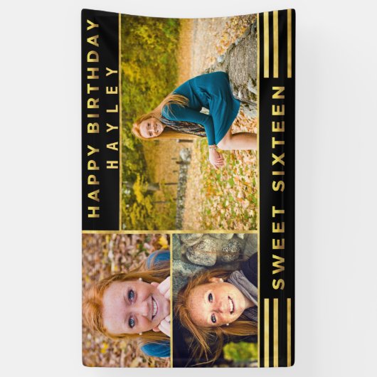 Sweet sixteenのシックな金ゴールドの黒のストライプの写真 横断幕 (縦)