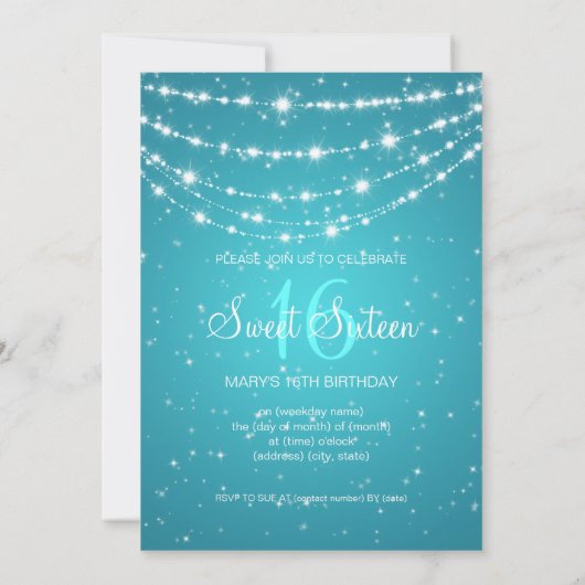 Sweet sixteenのパーティーのきらめくなチェーン青 招待状 (裏面)