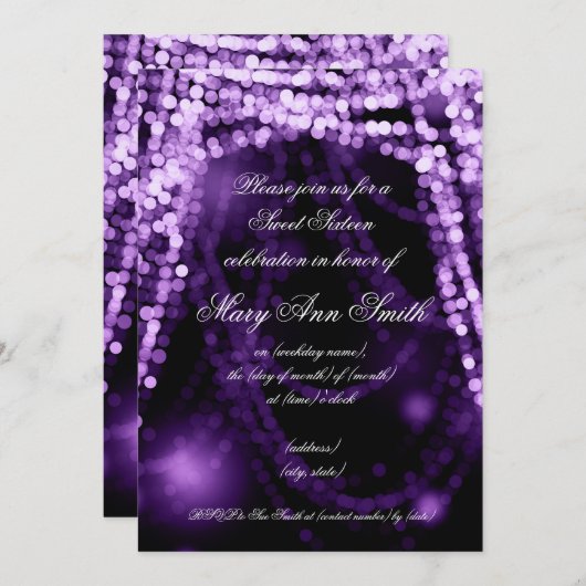 Sweet sixteenのパーティーのひもは紫色をつけます 招待状 (正面/裏面)