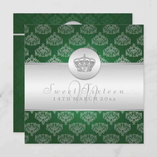 Sweet sixteenのパーティーの王室のな王冠2の緑 招待状 (正面/裏面)