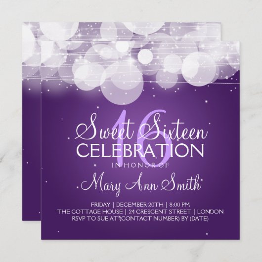 Sweet sixteenのパーティーの白熱及び輝きの紫色 招待状 (正面/裏面)