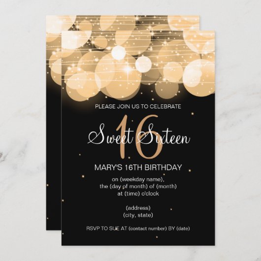 Sweet sixteenのパーティーの白熱及び輝きの金ゴールド 招待状 (正面/裏面)