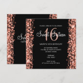 Sweet sixteenのパーティーの輝きのばら色の金ゴールドの黒 招待状 (正面/裏面)