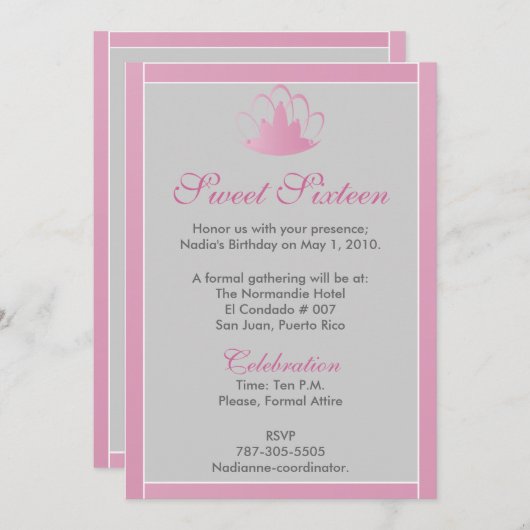 Sweet sixteenのピンクの白い銀製のティアラの招待状 招待状 (正面/裏面)
