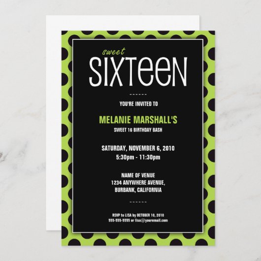 Sweet sixteenのライムは及び|のパーティの招待状を黒くします 招待状 (正面/裏面)