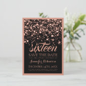 Sweet sixteenの保存日付のばら色の金ゴールドの真夜中 招待状 (スタンド正面)