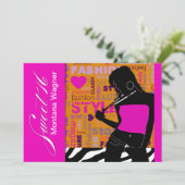 Sweet sixteenの優雅なPoppのシマウマのショッキングピンク|のオレンジ 招待状 (スタンド正面)