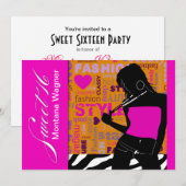 Sweet sixteenの優雅なPoppのシマウマのショッキングピンク|のオレンジ 招待状 (正面/裏面)