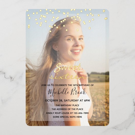 Sweet sixteenの女の子2枚 箔招待状 (正面)