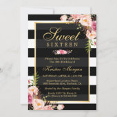 Sweet sixteenの美しいフローラ白黒ストライプ 招待状 (正面)