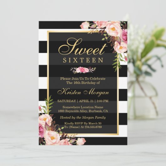 Sweet sixteenの美しいフローラ白黒ストライプ 招待状 (スタンド正面)