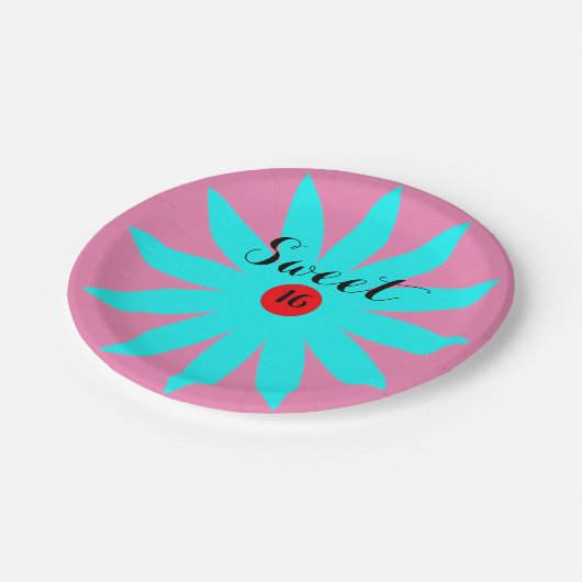 Sweet sixteenの誕生会のピンクの青い花柄のカッコいい ペーパープレート (アングル)