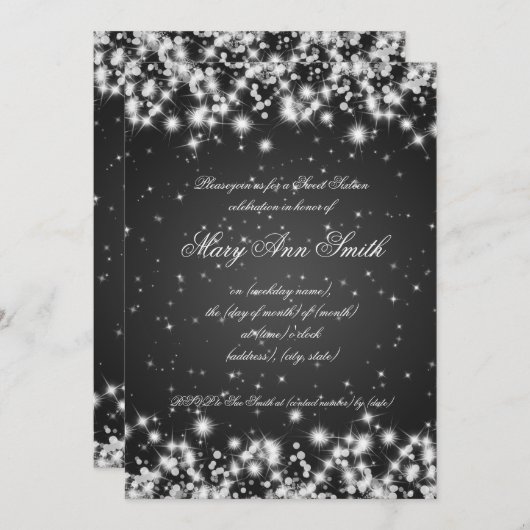 Sweet sixteenの誕生会の冬の輝きの黒 招待状 (正面/裏面)