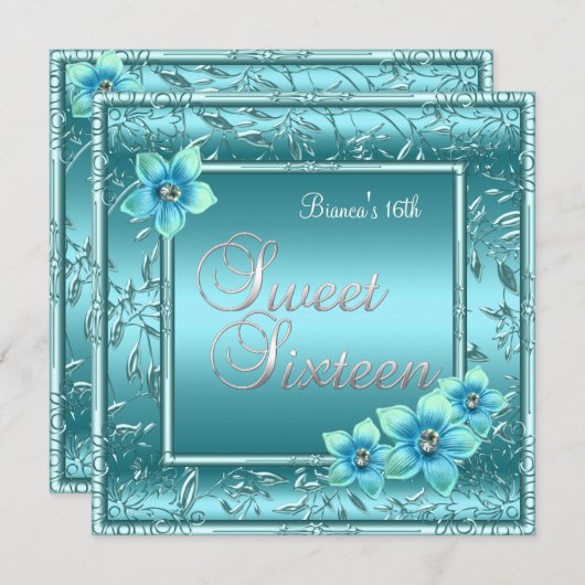 Sweet sixteenの誕生日のティール（緑がかった色）の青い花の銀2 招待状 (正面/裏面)
