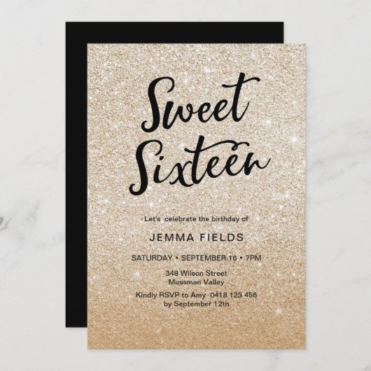 Sweet sixteenの誕生日の招待状のピンクのグリッター 招待状 (正面/裏面)