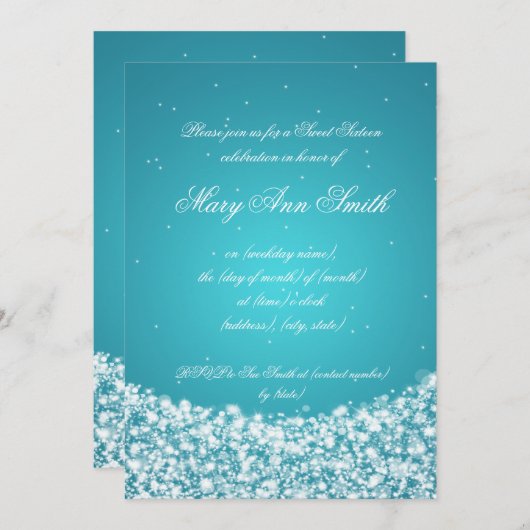 Sweet sixteenの誕生日の星の輝きのターコイズ 招待状 (正面/裏面)