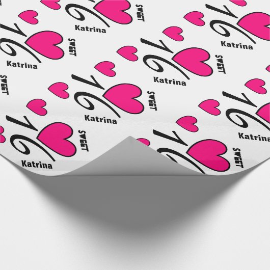 Sweet sixteenの誕生日16のハートの名前をカスタムするV3A ラッピングペーパー (角)