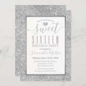 Sweet sixteenの銀製のフェイクなグリッターのハートの誕生日 招待状 (正面/裏面)