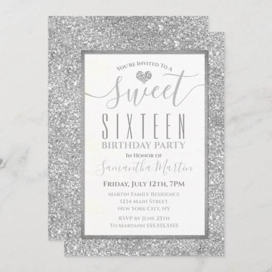 Sweet sixteenの銀製のフェイクなグリッターのハートの誕生日 招待状 (正面/裏面)