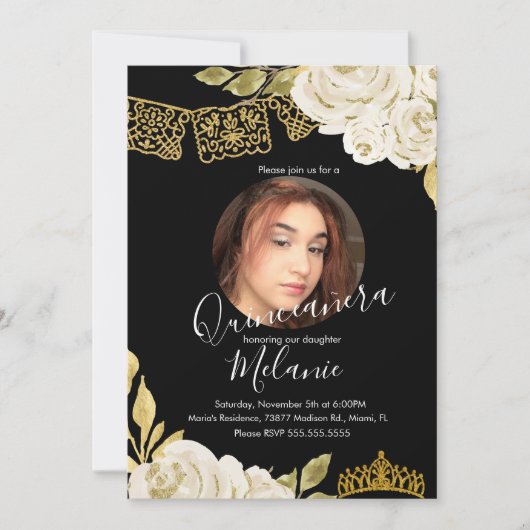 Sweet sixteenアイボリーフェイクグリッターフローラ写真 招待状 (正面)