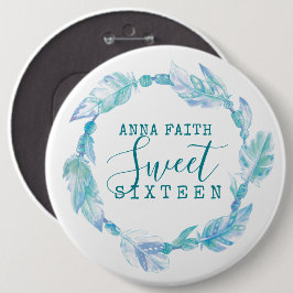 Sweet sixteenアクアフェザービーズ水色ボタン 缶バッジ