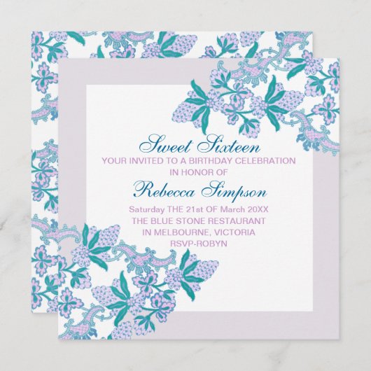 Sweet sixteenアクアフラワーズ誕生日招待状 招待状 (正面/裏面)