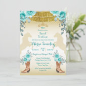 Sweet sixteenアクアルティール(緑がかった色)ターコイズホース&ブーツ 招待状 (スタンド正面)