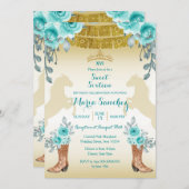 Sweet sixteenアクアルティール(緑がかった色)ターコイズホース&ブーツ 招待状 (正面/裏面)