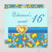 Sweet sixteenイエローブルーヒョウ玉ハート 招待状 (正面/裏面)