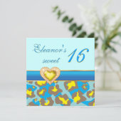 Sweet sixteenイエローブルーヒョウ玉ハート 招待状 (スタンド正面)