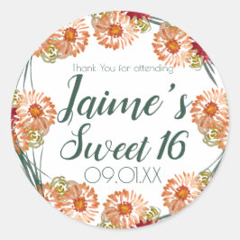 Sweet sixteenウォーターカラーフローラピーチグリーン ラウンドシール