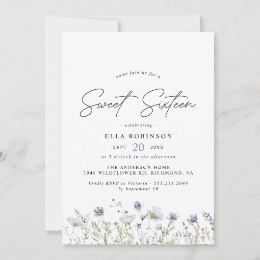 Sweet sixteenエアリーブルーワイルドフラワーズ16誕生日 招待状 (正面)