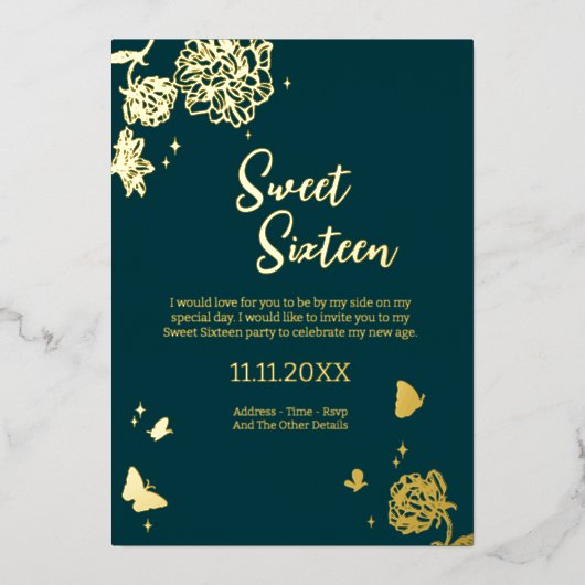Sweet sixteenエメラルドグリーンフォイルi̇吸い込み 箔招待状 (正面)