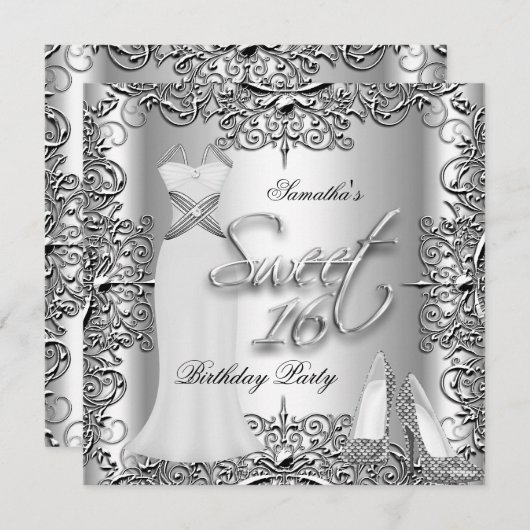 sweet sixteenエレガントスウィート16パーティーシルバーホワイト 招待状 (正面/裏面)